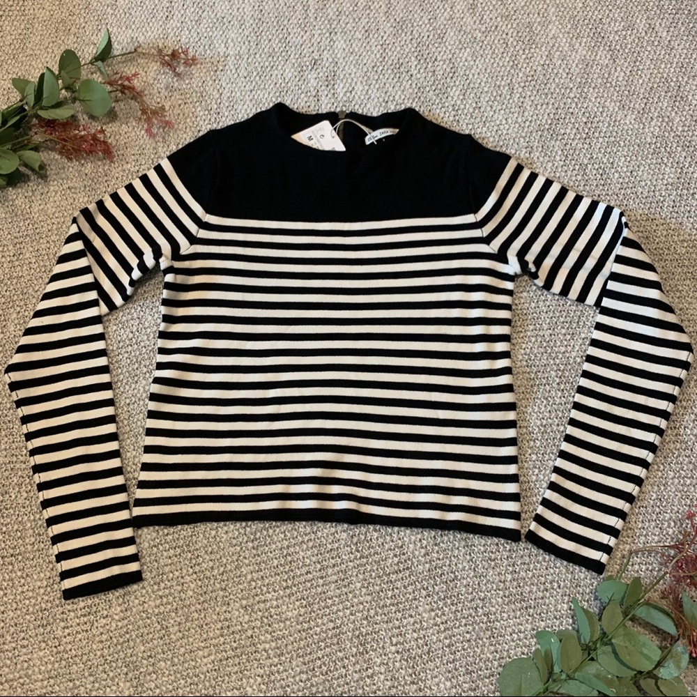 NWT Zara Knit Pullover Striped Sweater B&W Zip